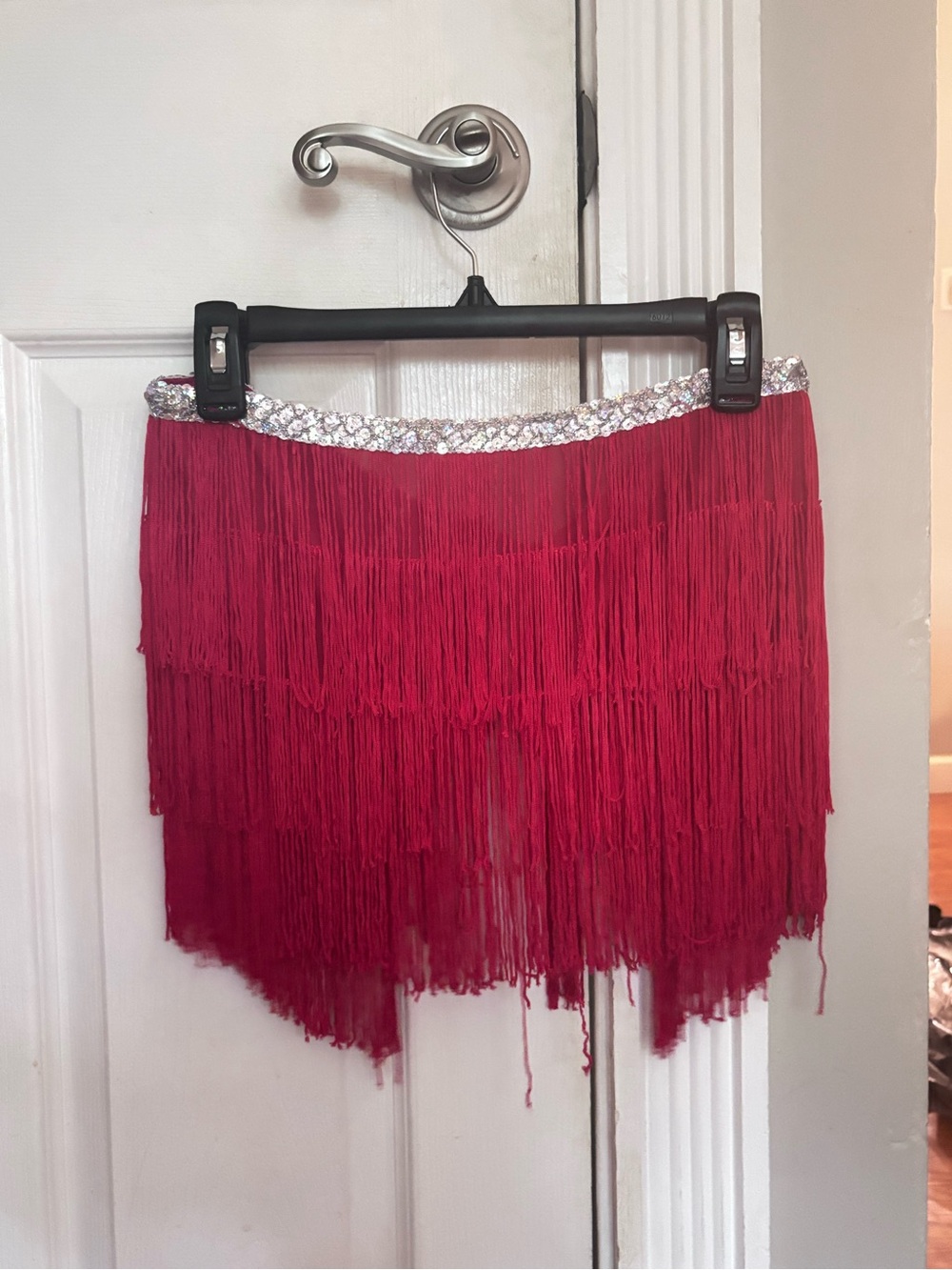 Red Fringe Mini Skirt with Sequin Waistband